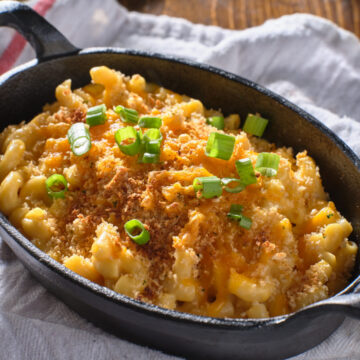 macaroni and cheese baked in cast iron skillet