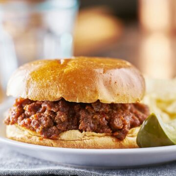 sloppy joe meal with potato chips and pickles