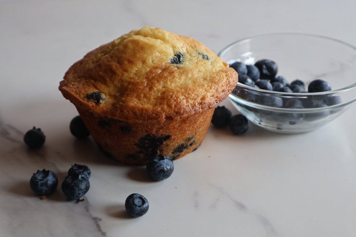 blueberry muffin with a small bowl of blueberries