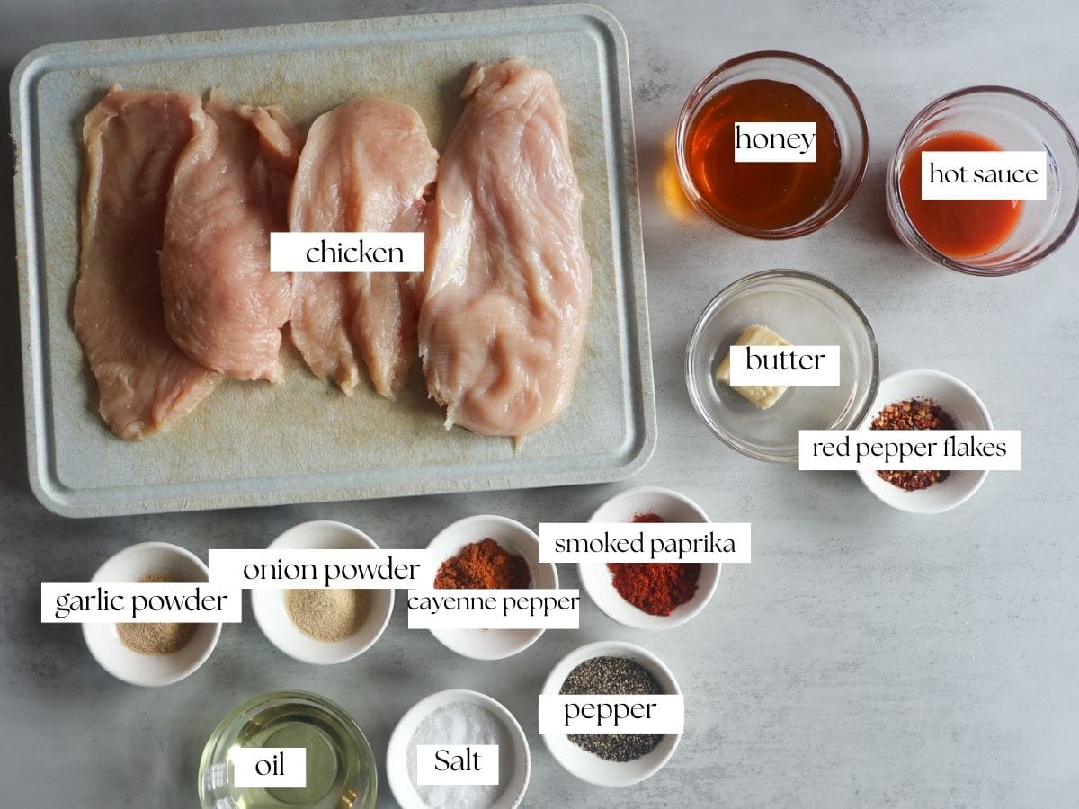 Ingredients for grilled hot honey chicken sandwich.