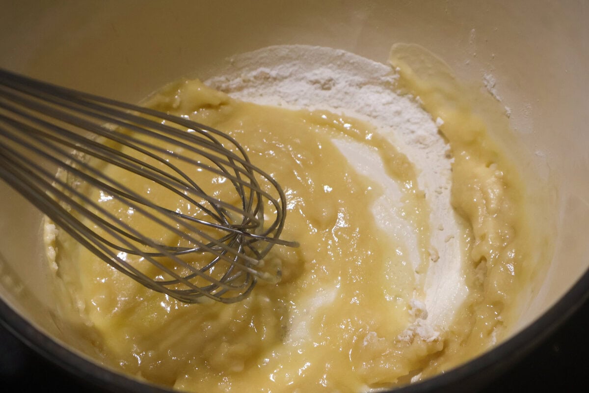 Butter and flour whisked in a pot.