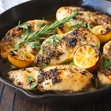garlic and herb chicken in a cast iron skillet.