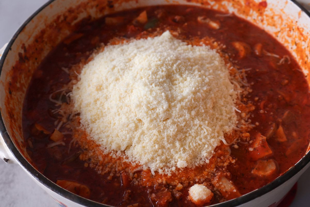 mozzerella and parmesan cheese added to the pizza chili.