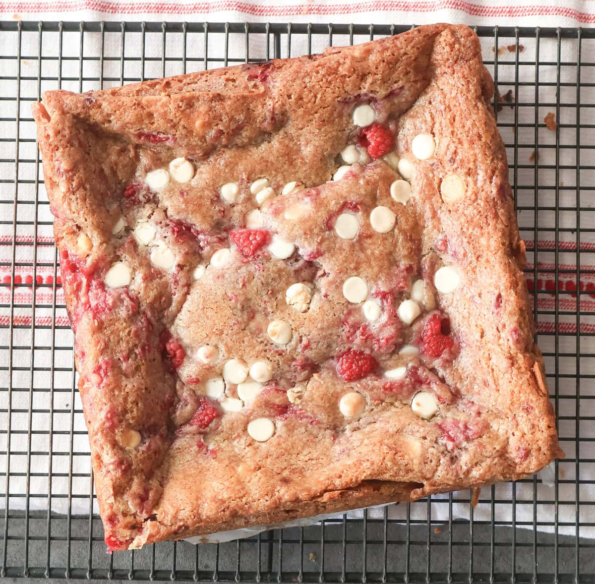 white chocolate raspberry blondies baked on a cooling rack.