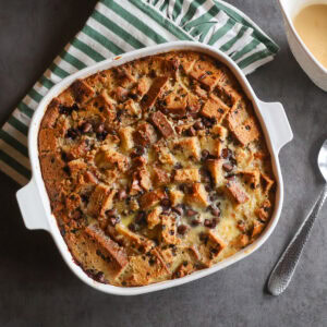 Irish Soda Bread Pudding in a white casserole dish.