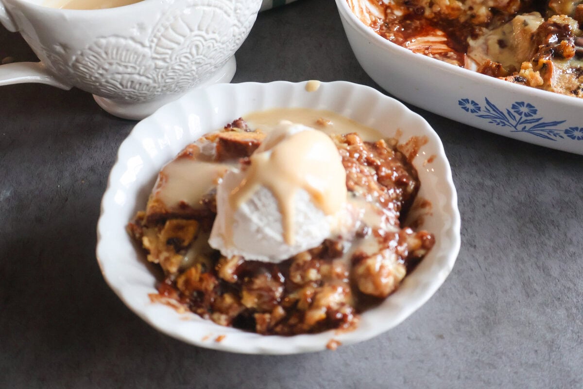 Irish Soda Bread Pudding in a white bowl.