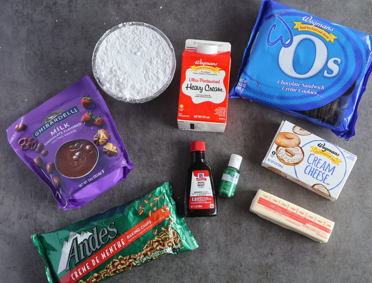 Ingredients for Easy no bake grasshopper bars.