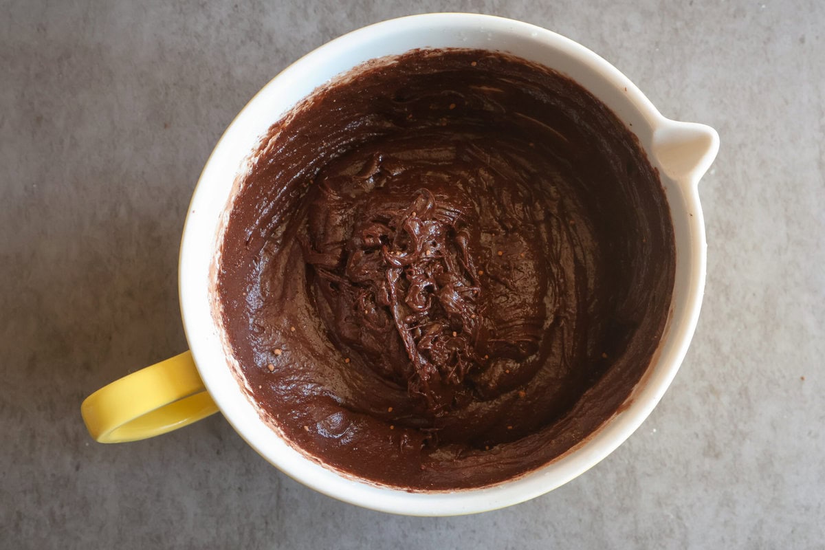 Brownie batter in a mixing bowl.