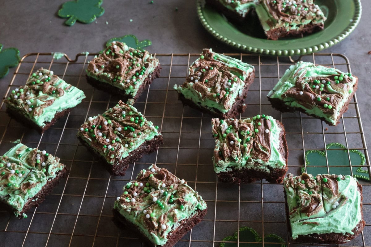 St. Patrick's Day Brownies on a wire rack.