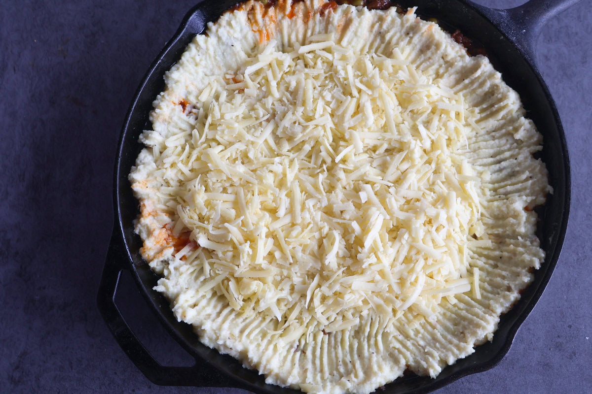 Mashed potato and Irish Cheddar topping.