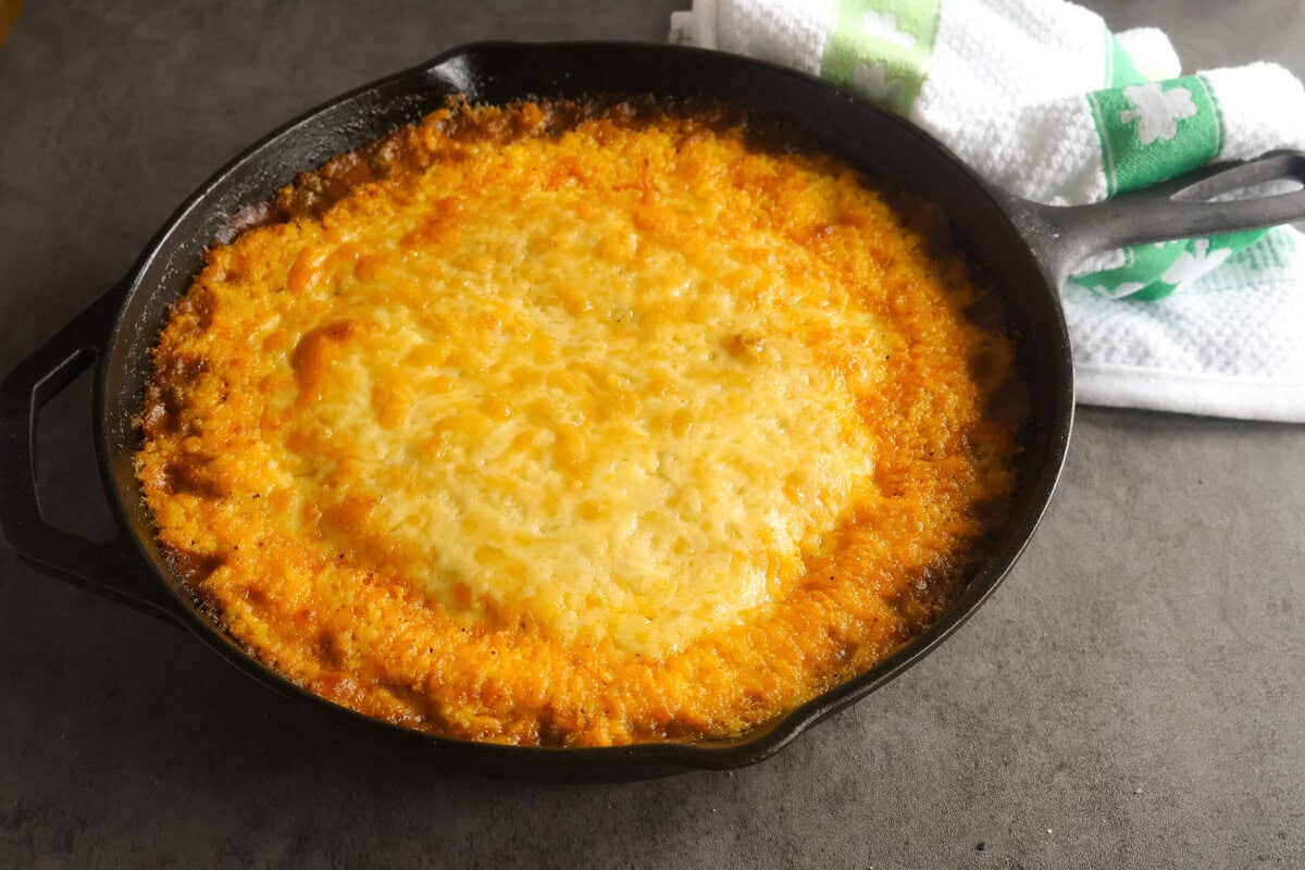 Guinness Cottage Pie in a cast iron skillet.