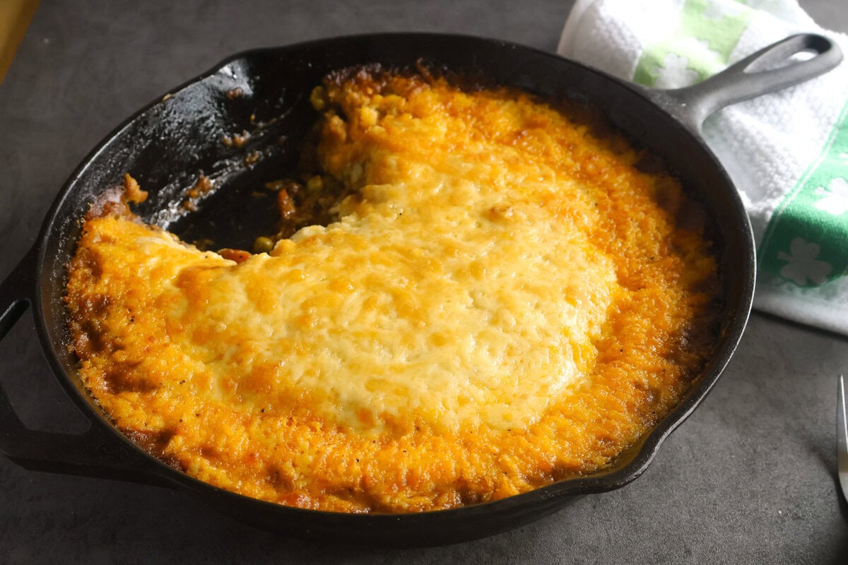 Guinness Cottage Pie in a cast iron Skillet.