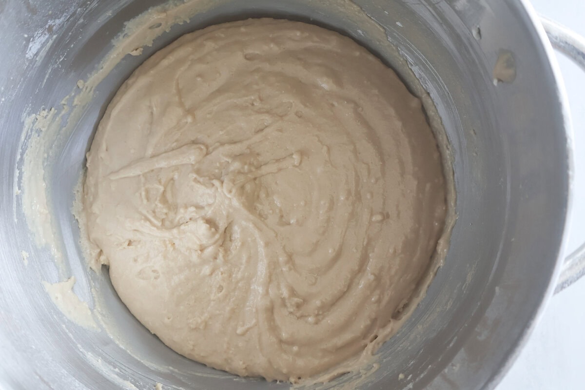 Dry ingredients mixed with wet ingredients.