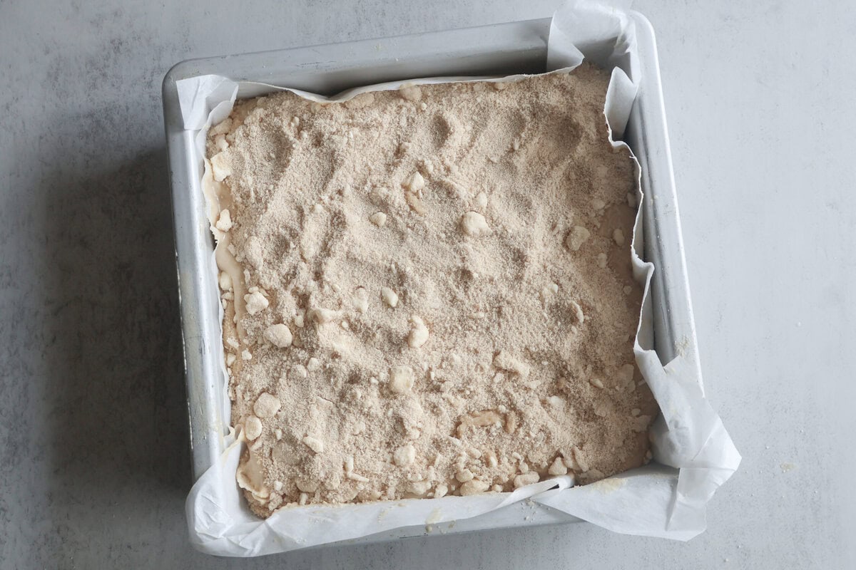 Irish coffee cake in a square pan before baking.