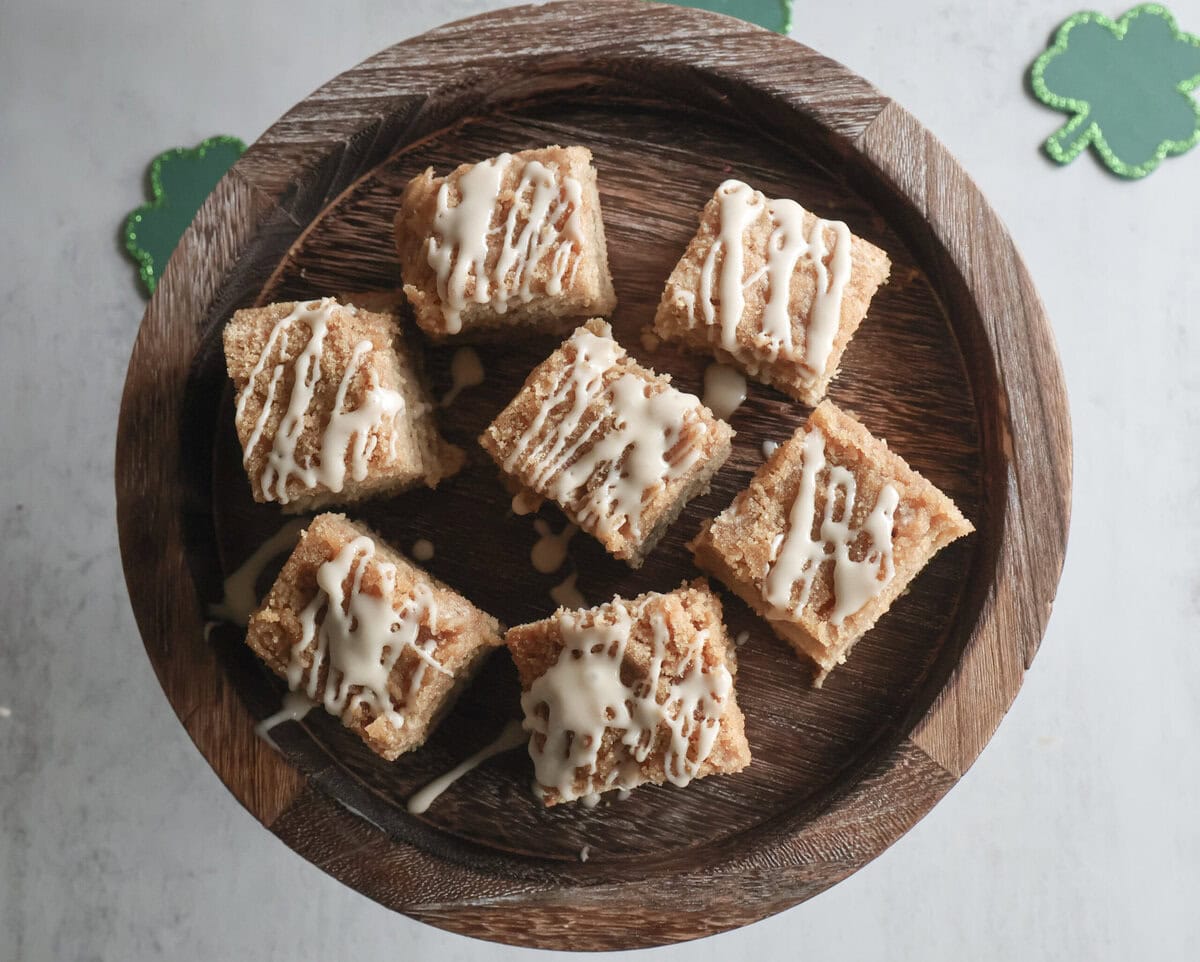 Sliced Irish Coffee Cake on a wood cake stand.