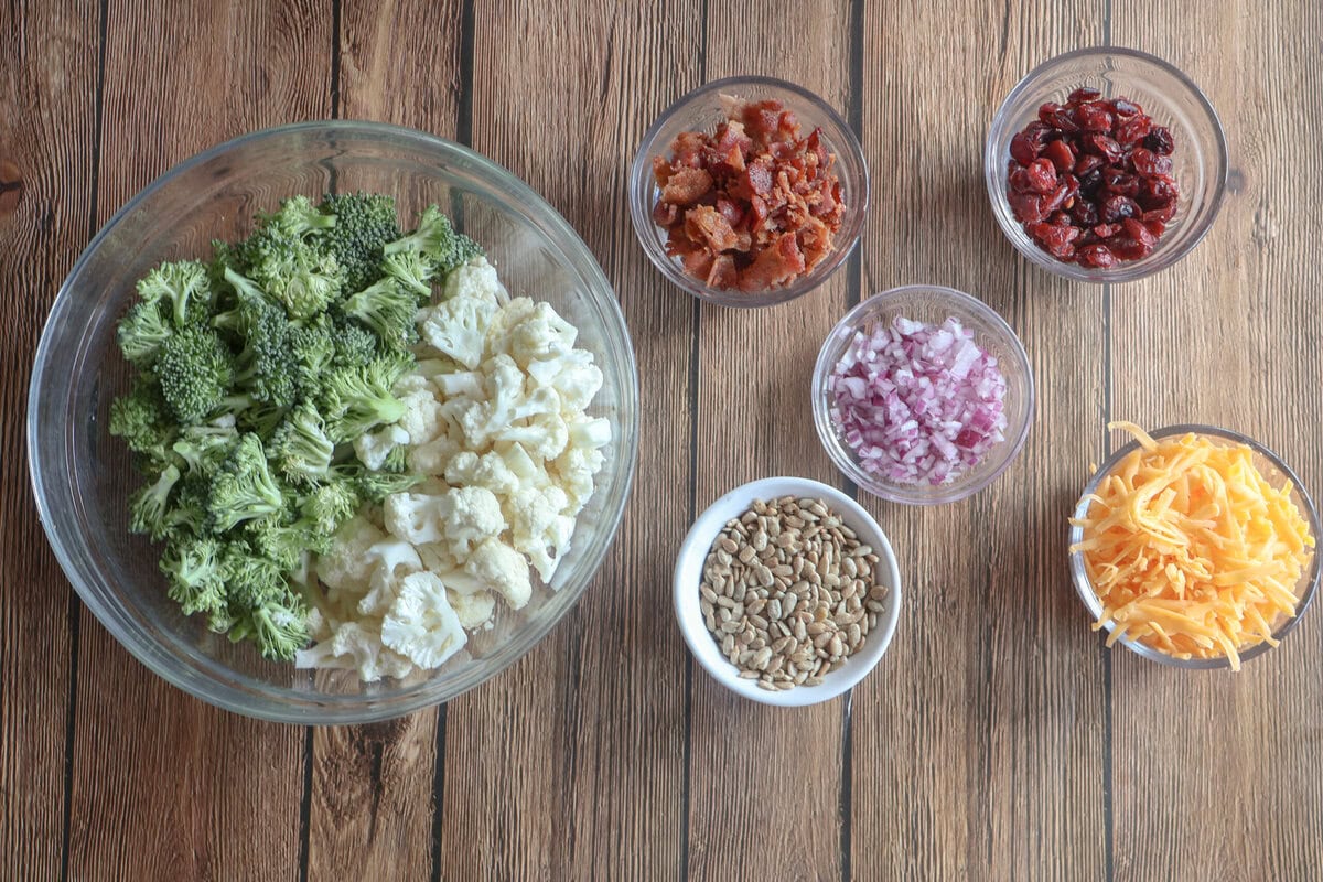 Ingredients for the Creamy Cauliflower and Broccoli Salad.