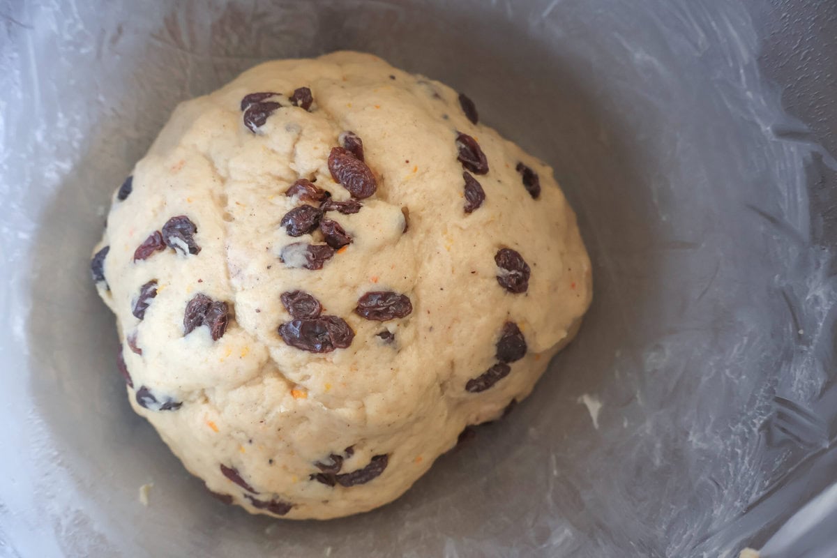 the dough with raisins added.