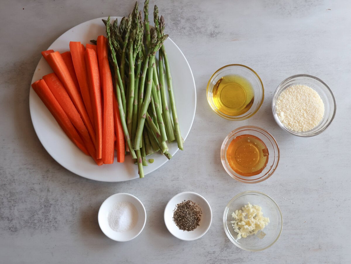 Ingredients for the Honey garlic roasted asparagus and carrots ingredients.
