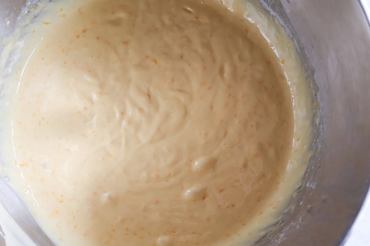 Ingredients for mandarin orange bundt cake combined.