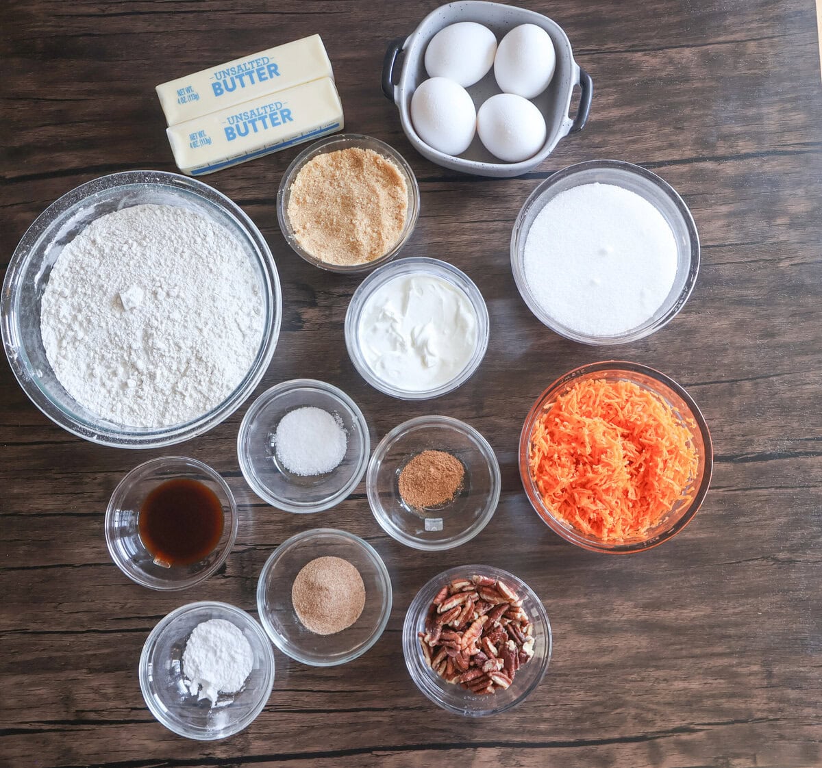 Ingredients for the carrot cake bundt cake.
