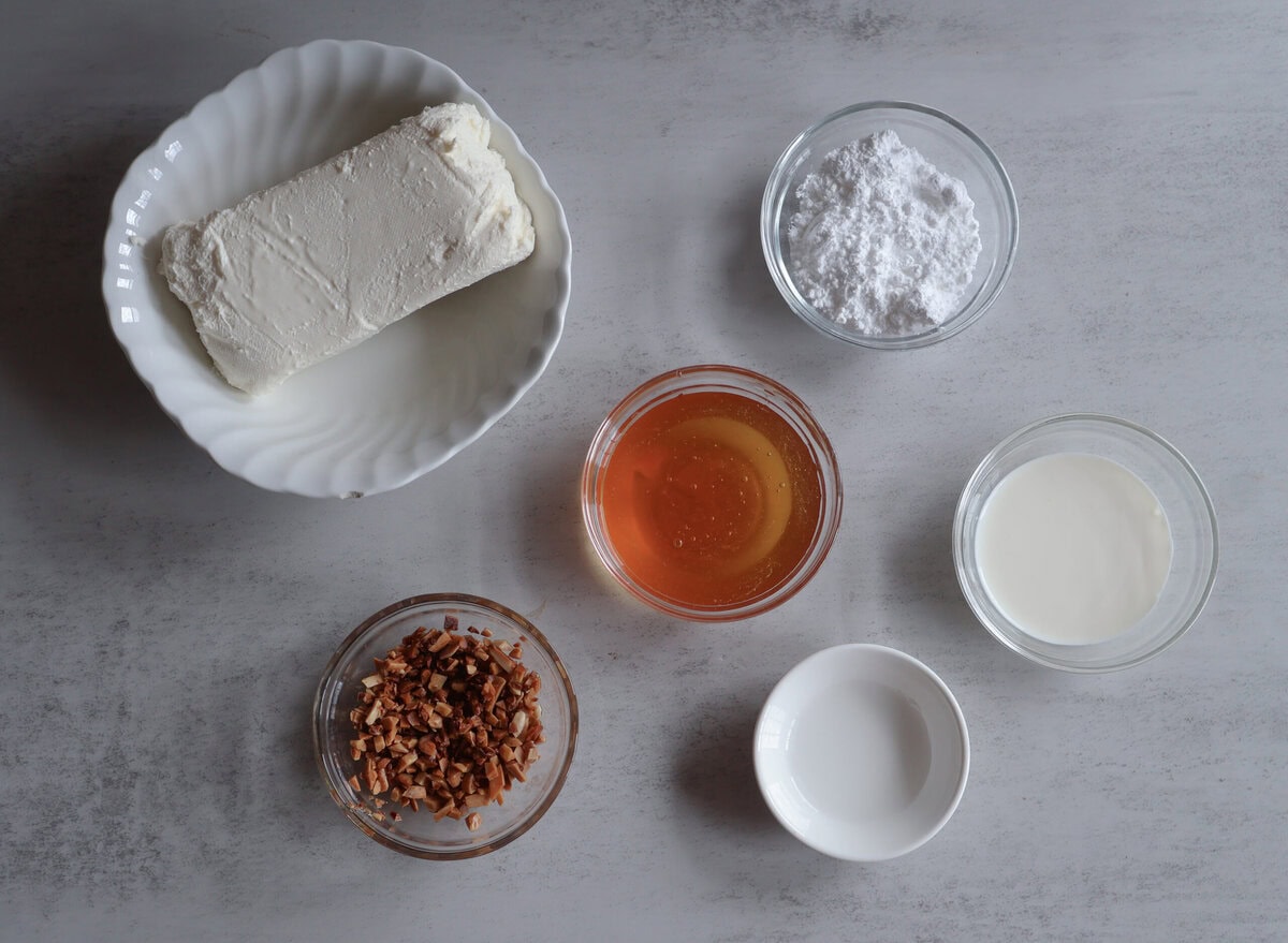 Ingredients for honey almond cream cheese.