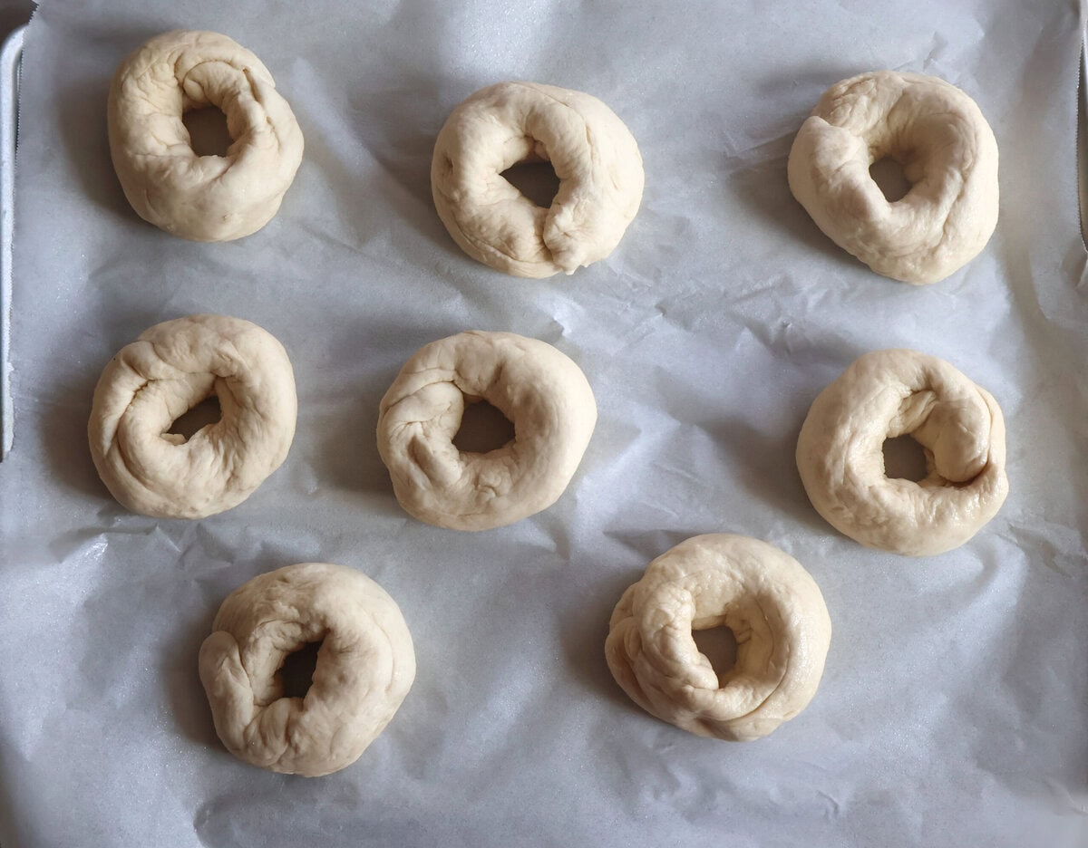 Dough shaped into bagels.