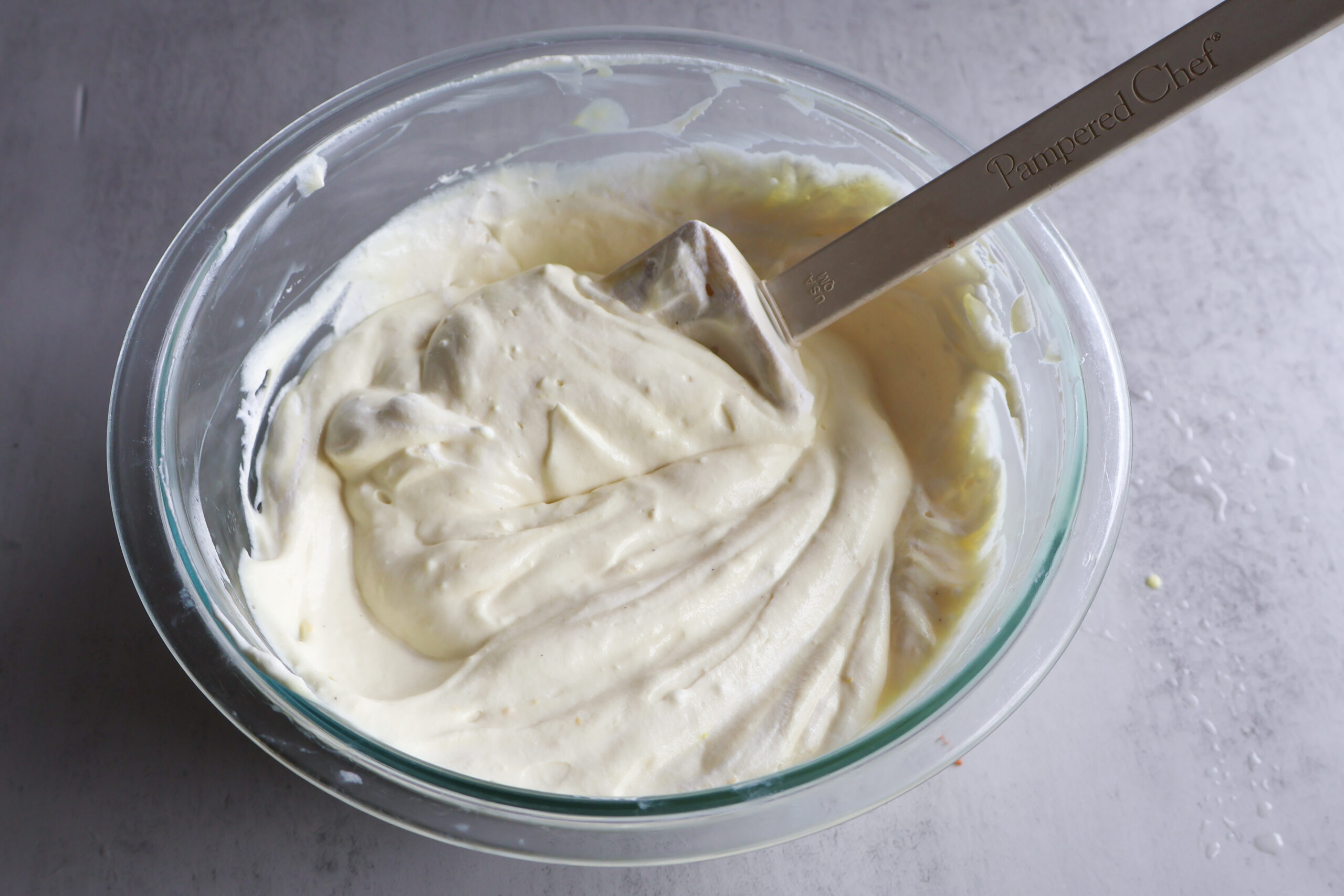 Lemon pudding mix with whipped topping folded in.