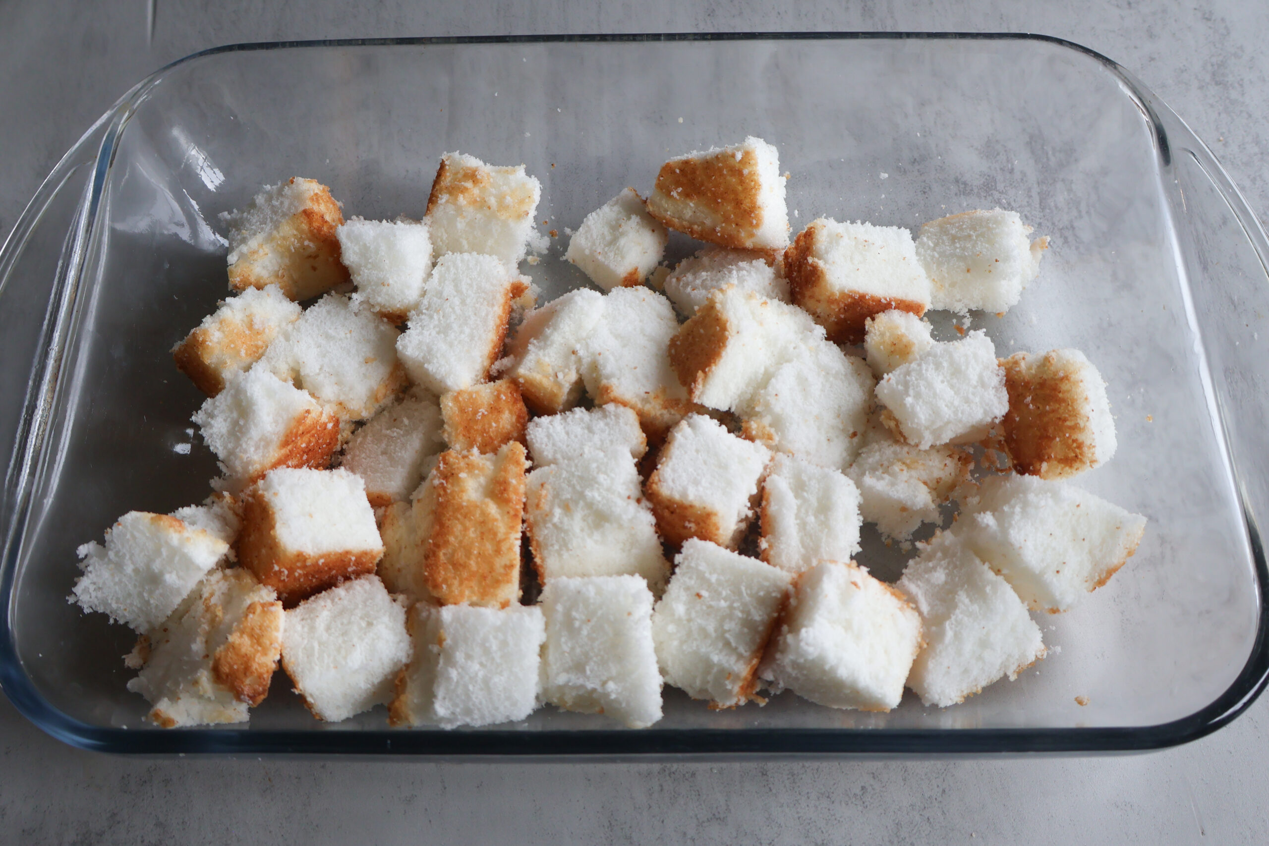 Angel food cake cubes.