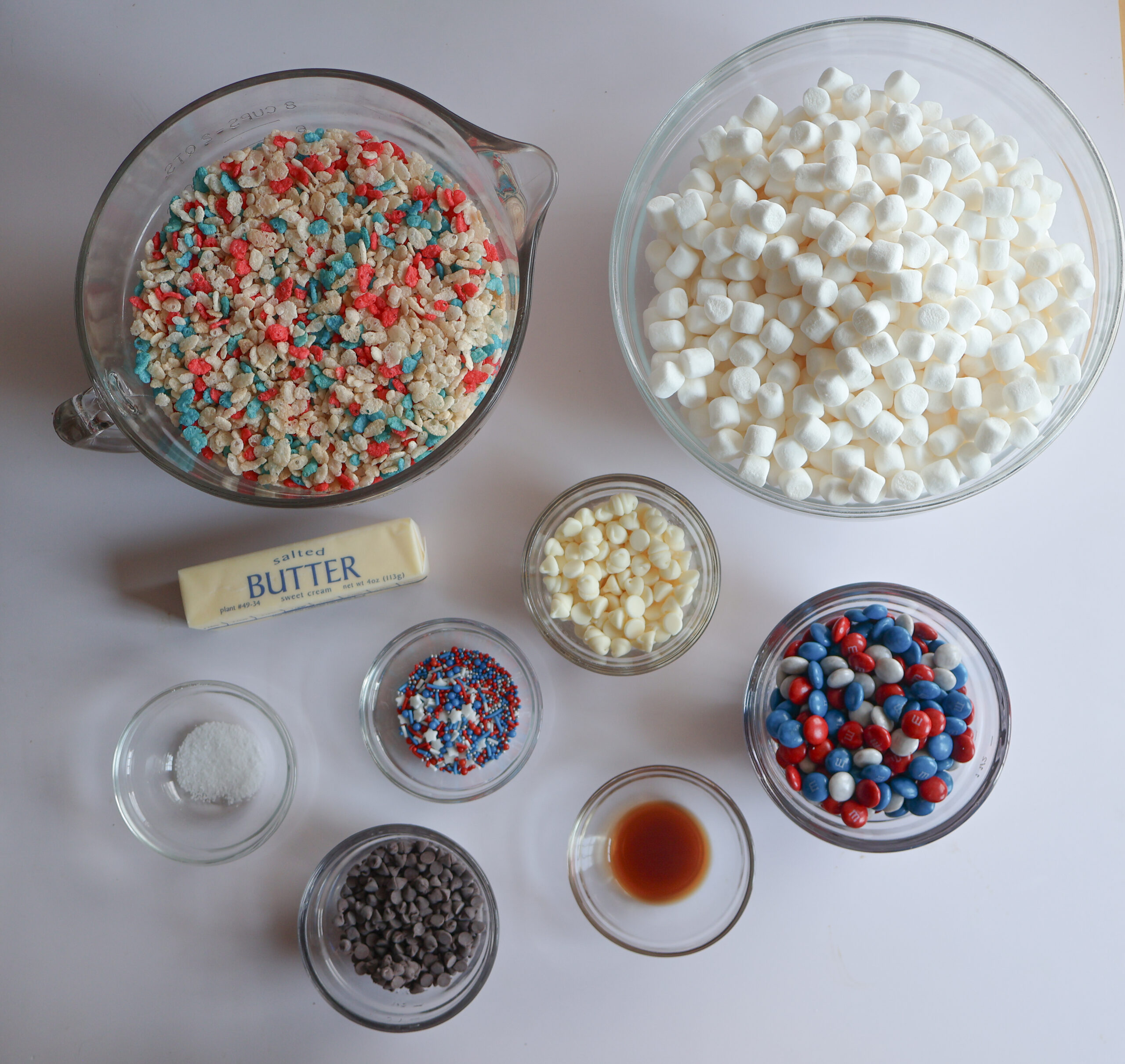 Ingredients for Patriotic M&M rice krispie treats.