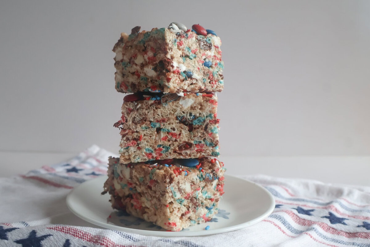 Patriotic M & M rice krispie treats in a stack.