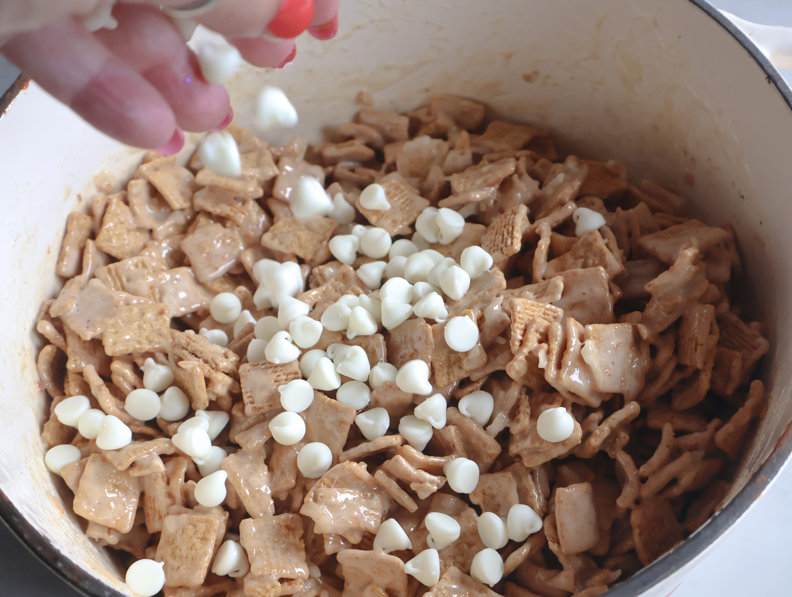 White chocolate chips folded in the mixture.