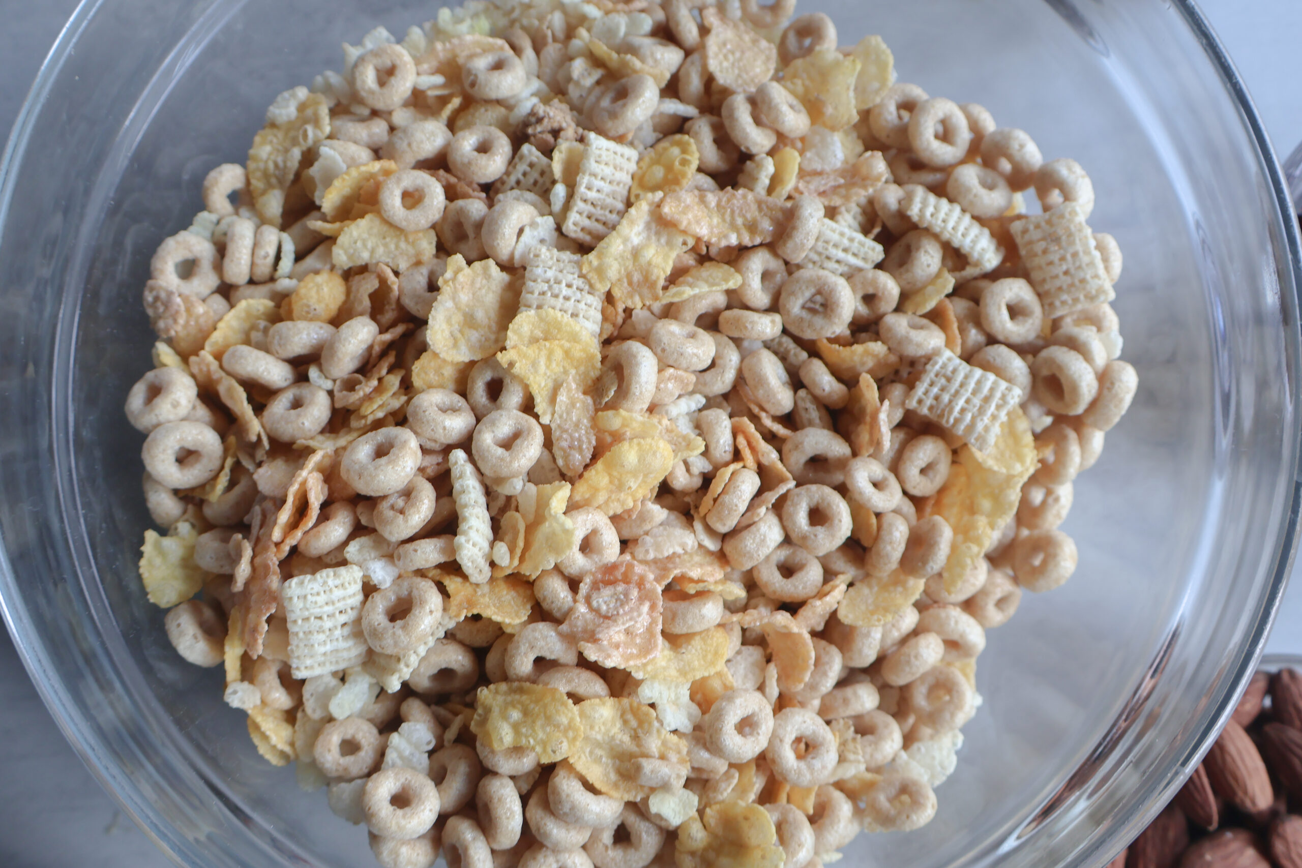 Easy Homemade Cereal Trail Mix in a glass bowl