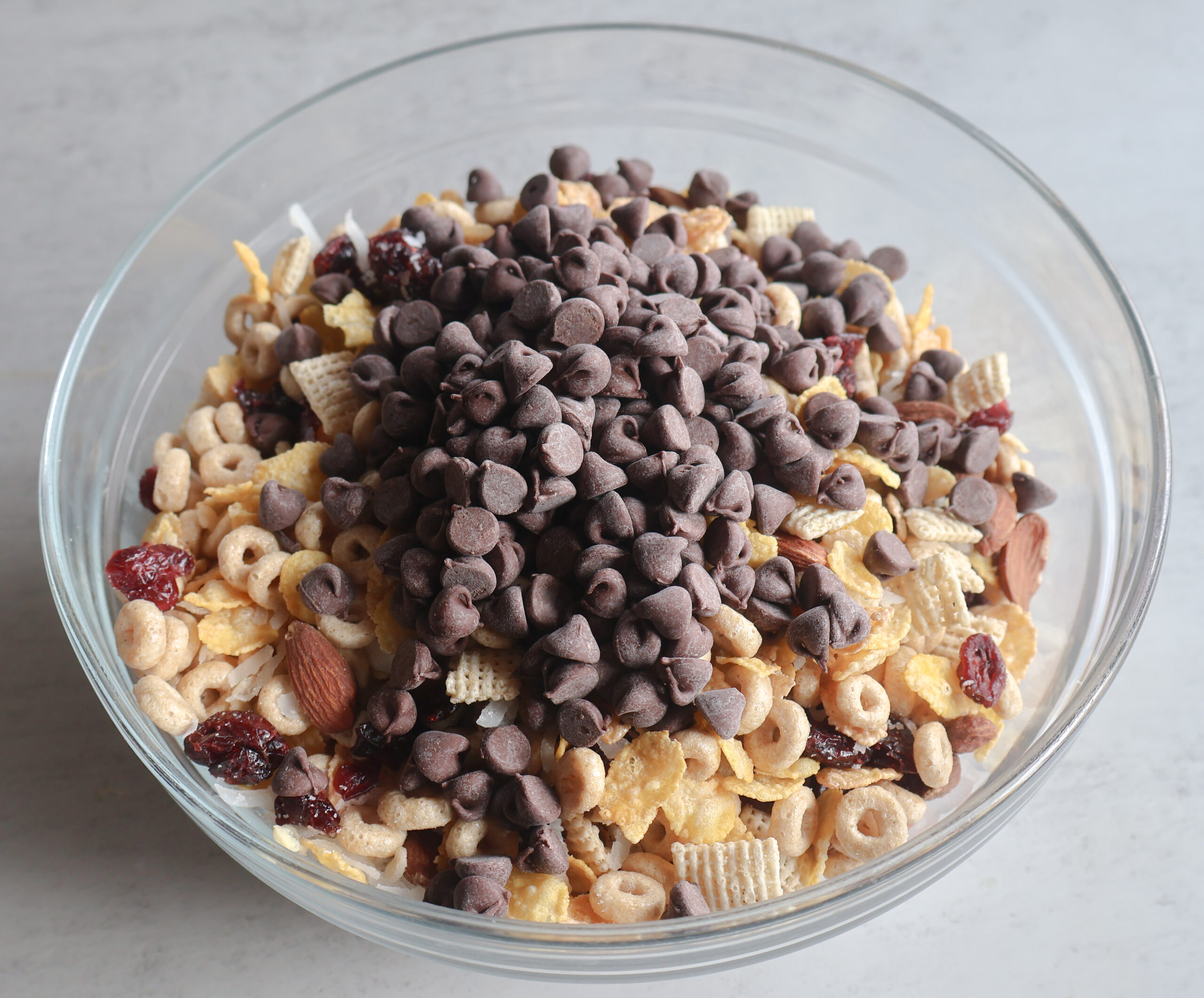 chocolate chips added to the cereal trail mix.