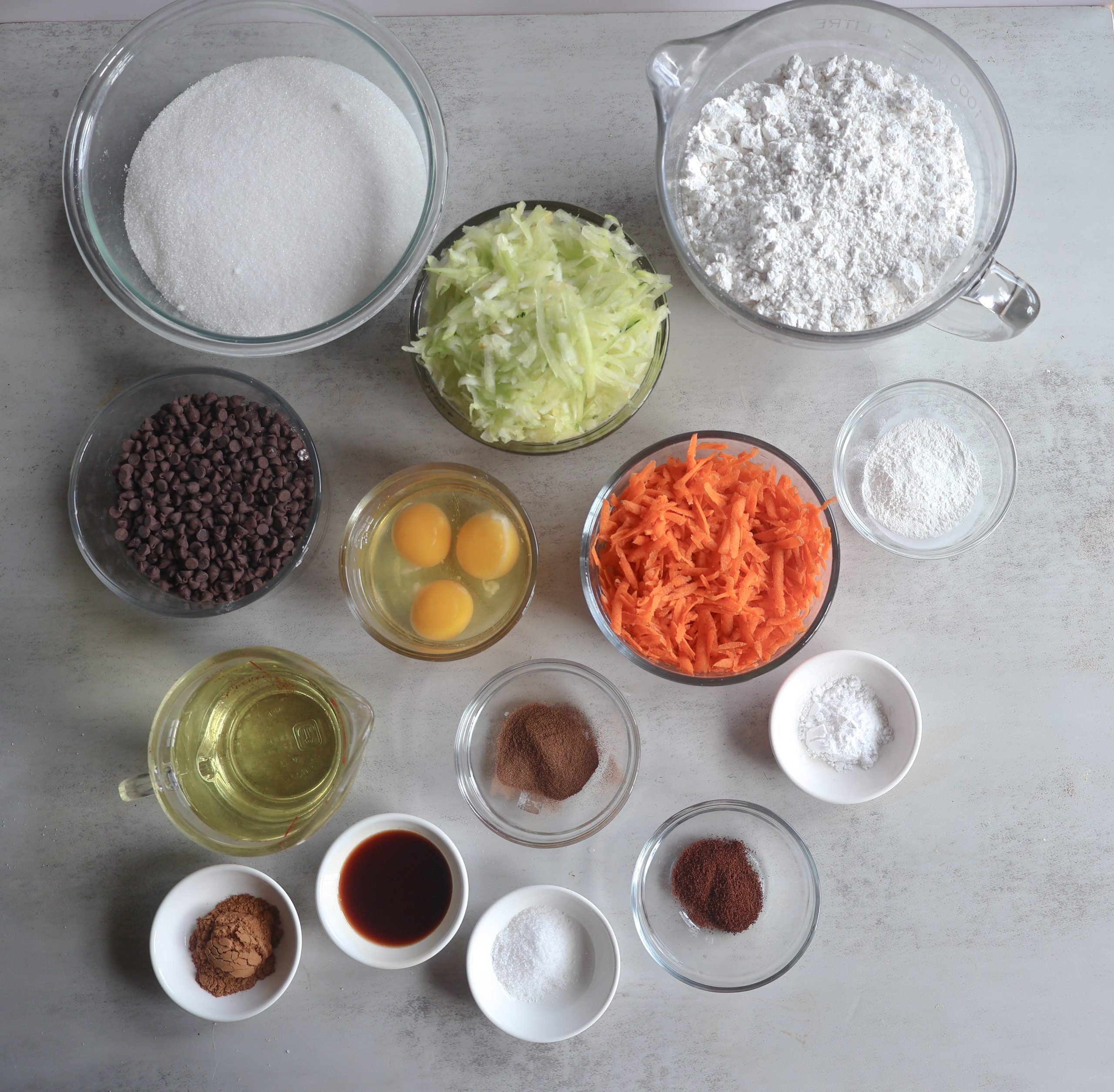 Ingredients for the Chocolate chip zucchini carrot bread.