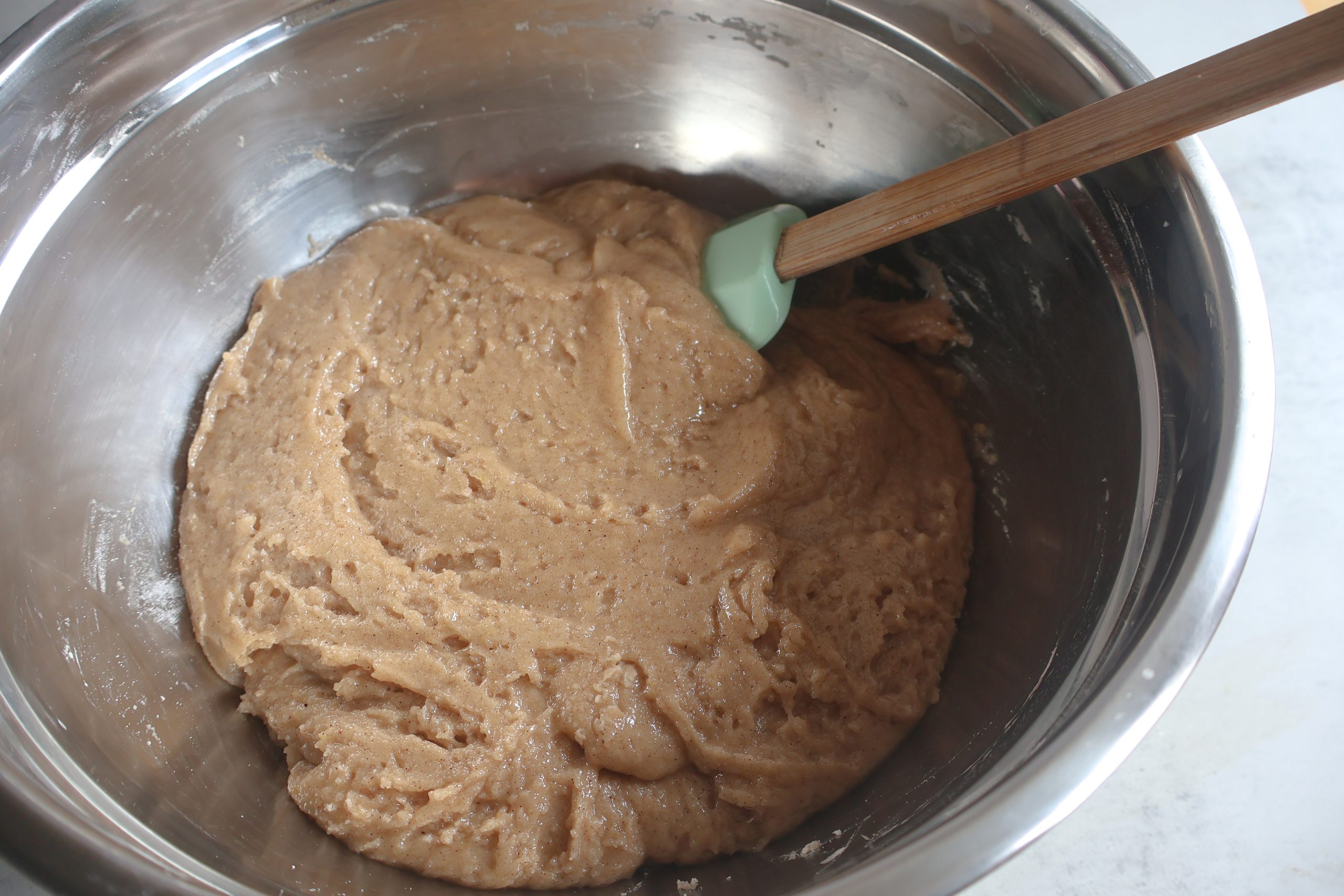 Dry ingredients mixed with wet ingredients.