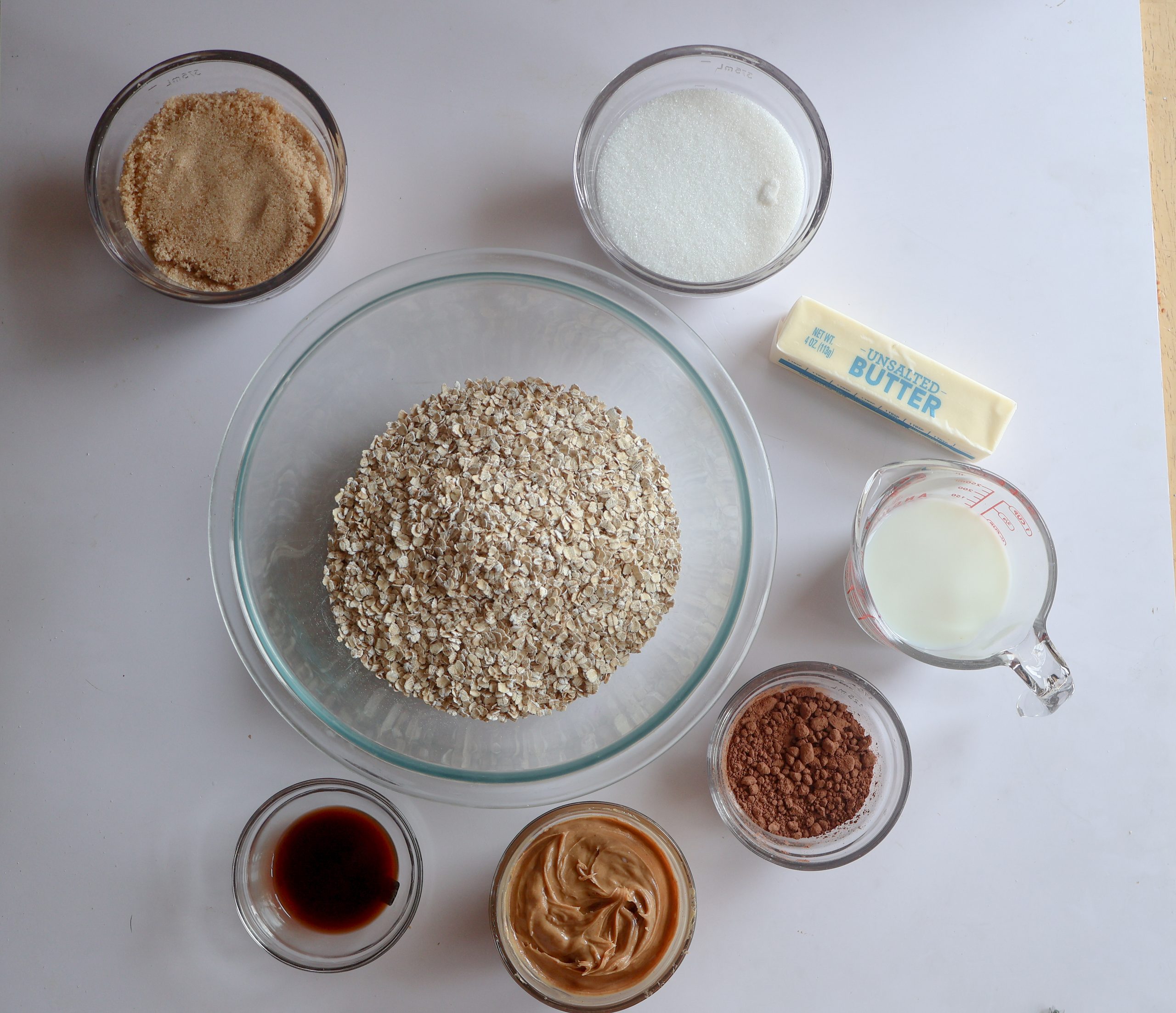 ingredients for the classic chocolate peanut butter no bake cookies.
