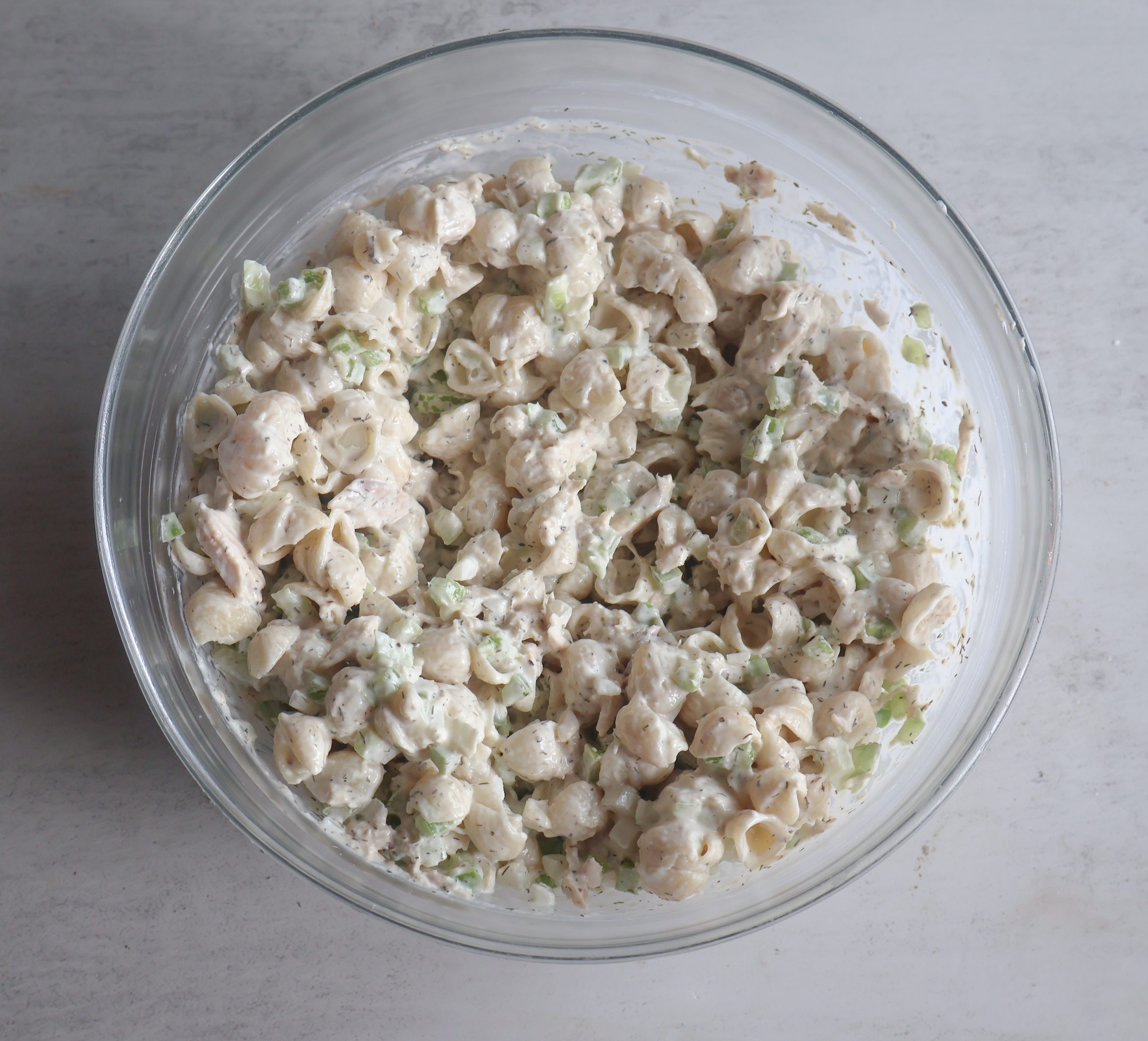 All Ingredients for the creamy tuna pasta salad combined.