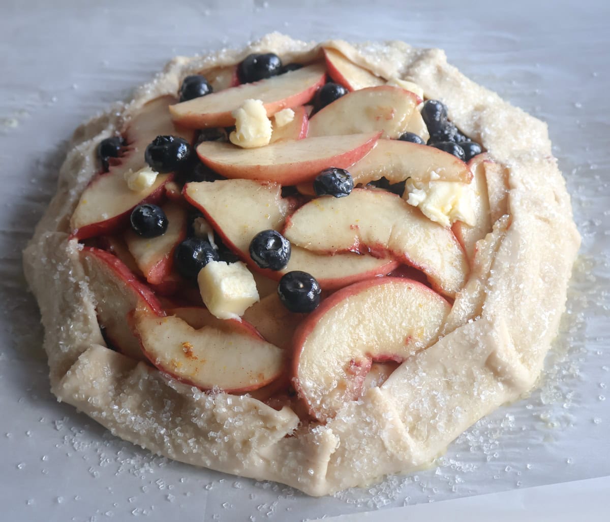 Blueberry Peach Galette with a sugared crust.