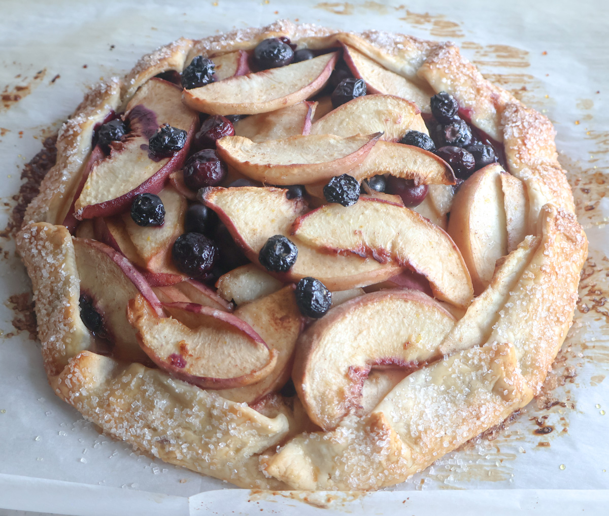 Blueberry peach galette out of the oven.