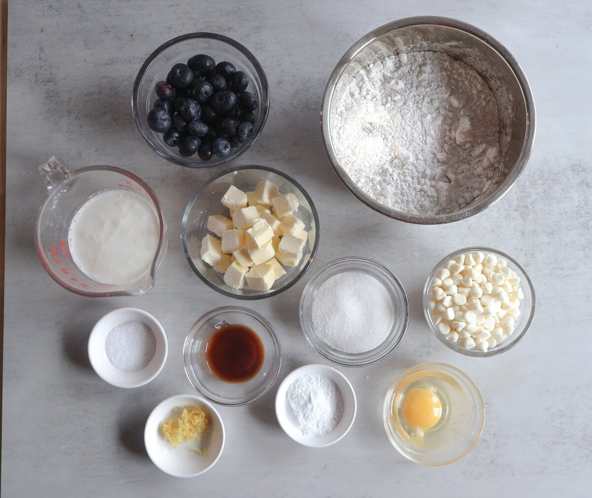 ingredients for blueberry white chocolate scones.