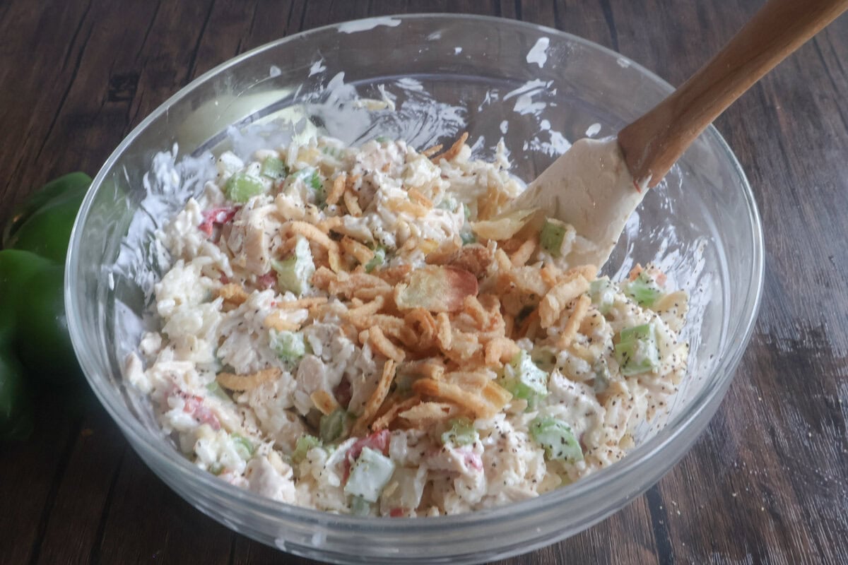 french fried onions added to the baked chicken salad mixture.