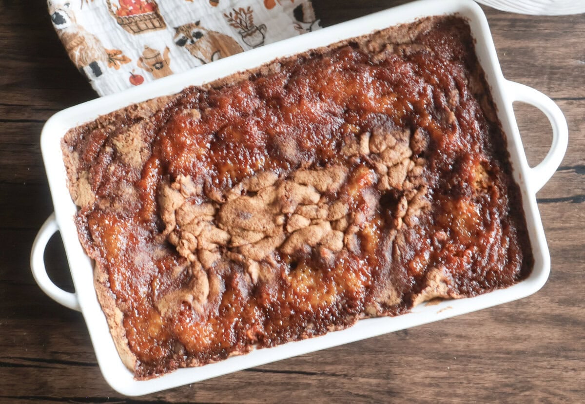 Apple cake in a white dish with a tea towel.