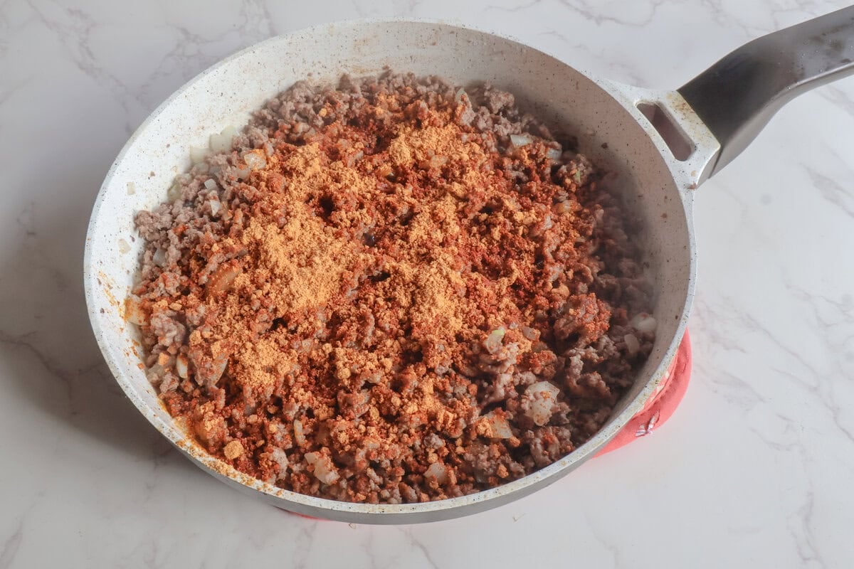 Taco seasoning added to the ground beef.