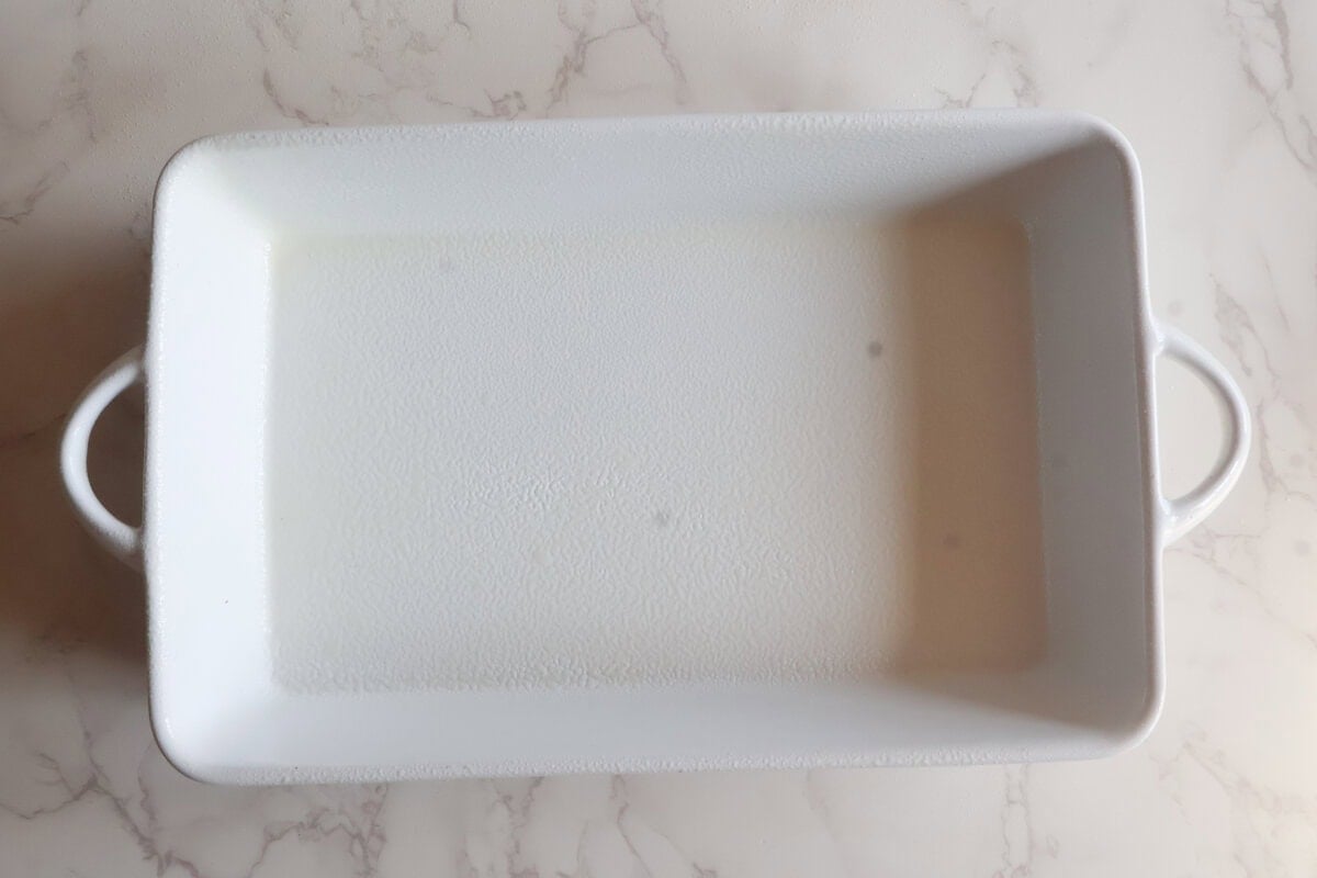 White casserole dish for the apple cake.
