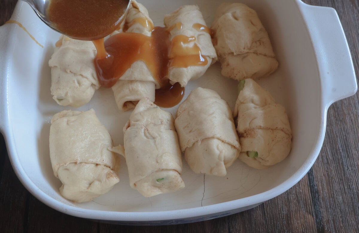 caramel sauce poured over the caramel apple dumplings.