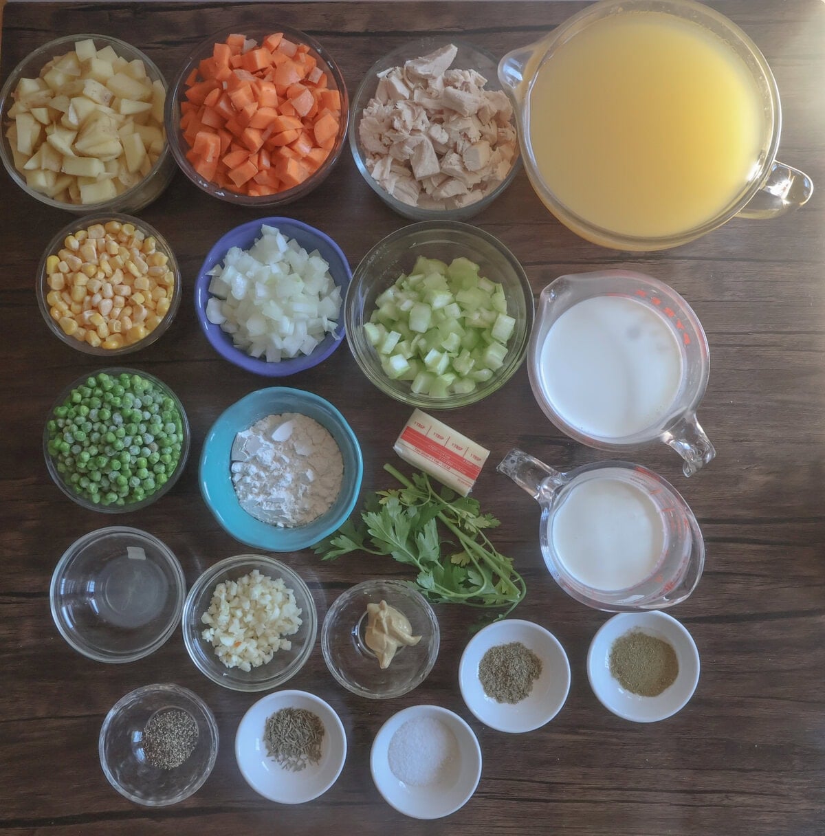 ingredients for the creamy chicken pot pie soup.