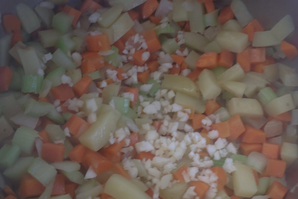 vegetables added to the pan.