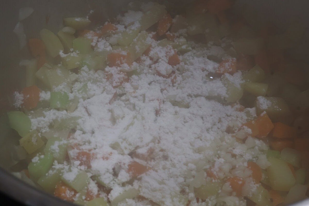 flour sprinkled on the vegetables.