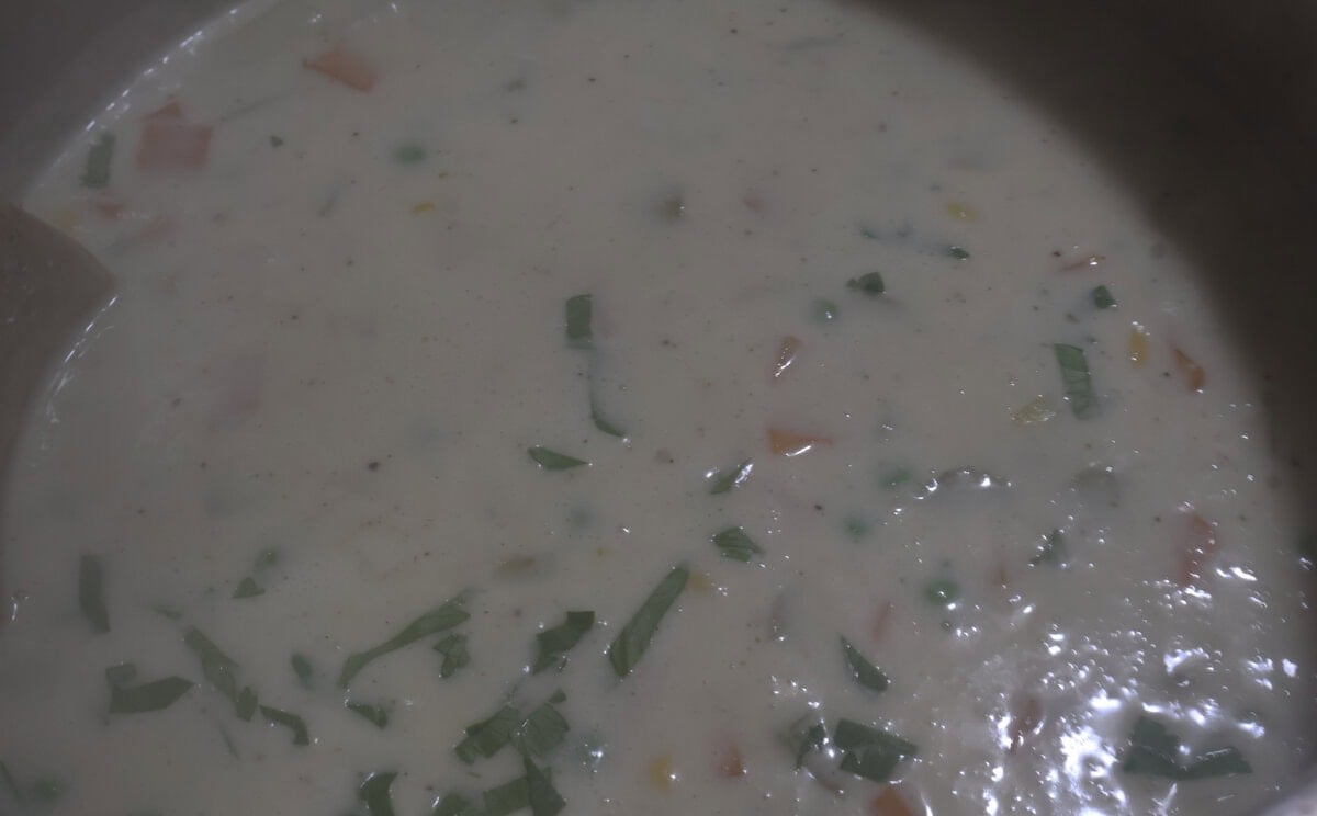 cream added to the creamy chicken pot pie soup.