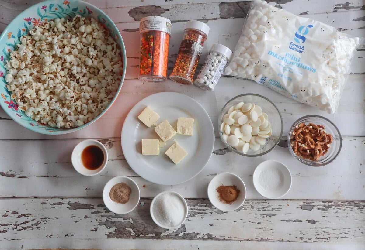 Ingredients for the brown butter popcorn balls.